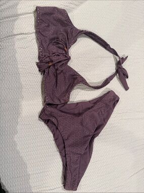 Purple Rhinestone Halter Bikini Set